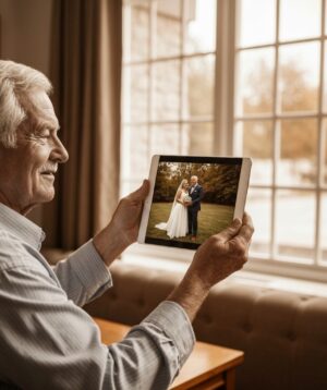 Anziano guarda su un tablet il video del suo matrimonio